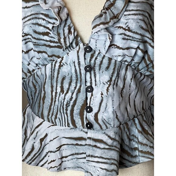 Vintage Havana Blue and Black Animal Print‎ Ruffle Cropped Peplum Blouse XS - Picture 5 of 7